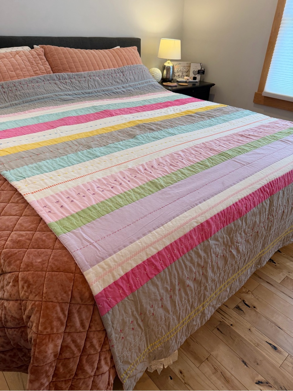 Pottery Barn Kids Striped Pastel Quilt Bedspread - Multi Pink & Gray